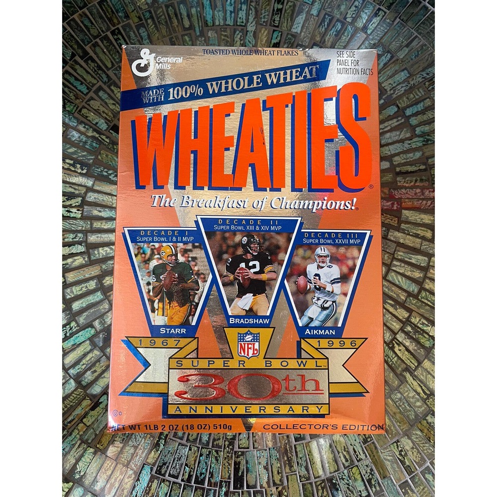 Wheaties Cereal Box (18 Oz - Full) Super Bowl 30th Anniversary - Very Nice!
